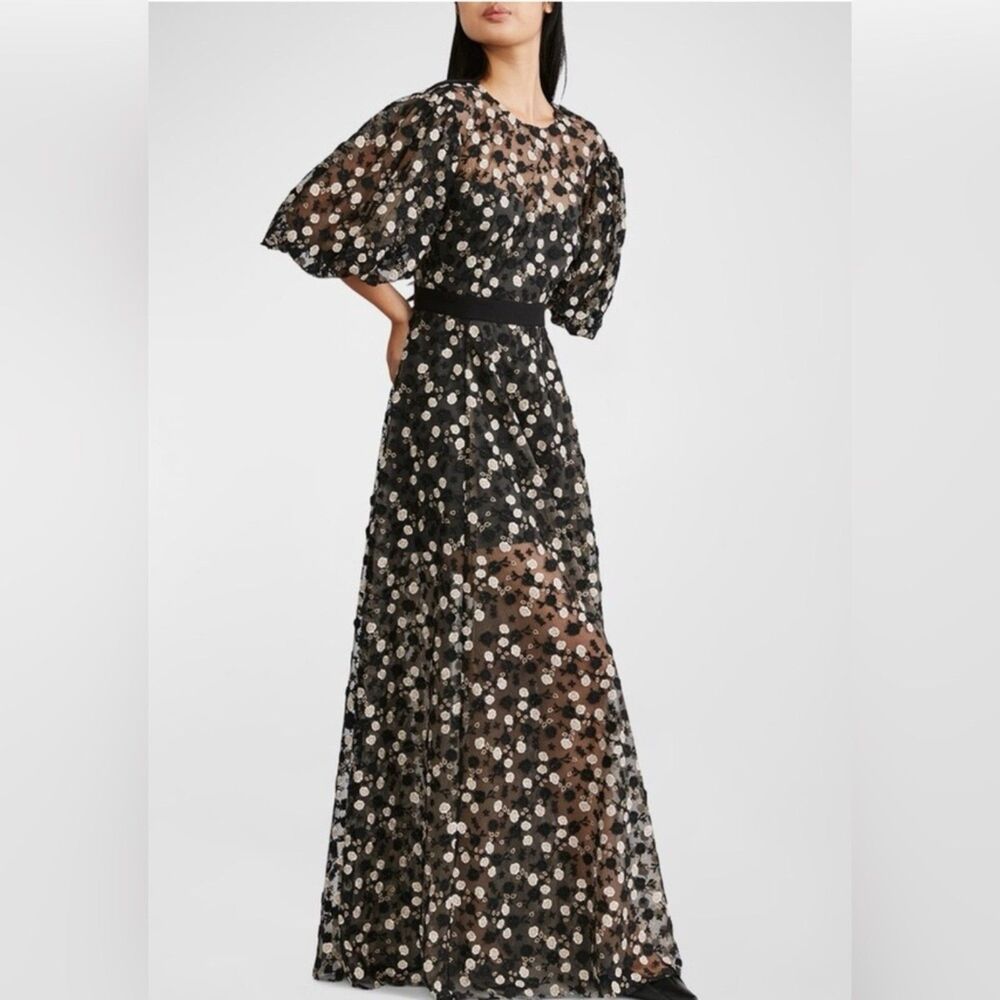 Zac Posen Black White Floral Embroidered Tulle Puff Sleeve Gown Sz 4